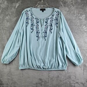 Lane Bryant Top Women 18 Aqua Blue Floral Embroidered Key Hole Neck Boho Cottage